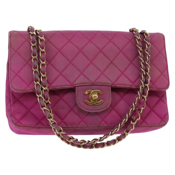 CHANEL Matelasse Chain Shoulder Bag Satin Gold Pink CC Auth - Picture 1 of 16